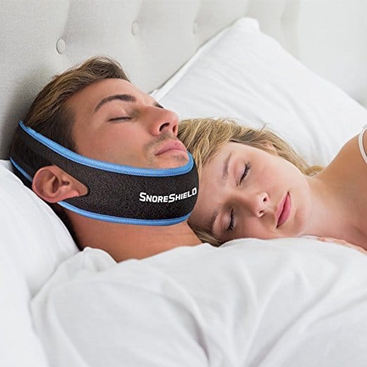 Husband sleeping with chin strapped due to worries that snoring will wake the baby