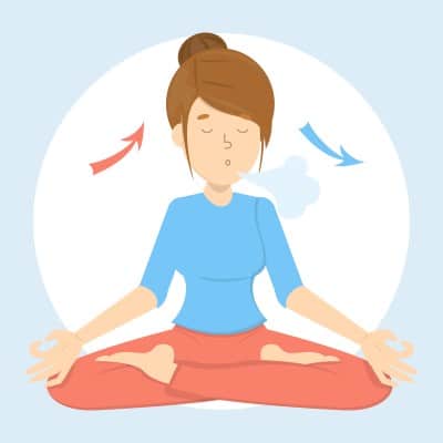 Wondering how to go to sleep after having an energy drink? Deep breathing might get you back on track cartoon drawing of woman doing yoga deep breathing