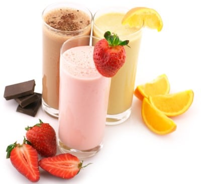 Fruit protein shakes in a glass which can help you avoid worries about coffee and sleep