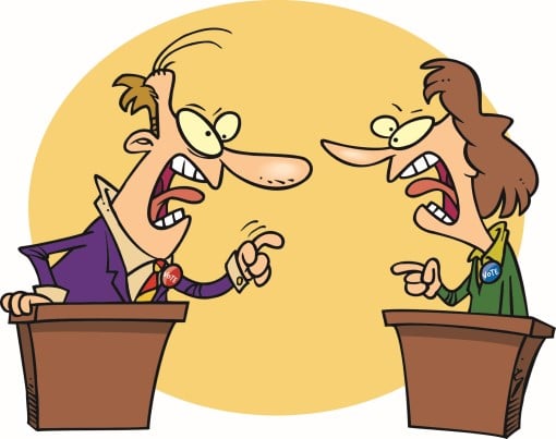 cartoon showing angry debate illustrating why politics is keeping you awake at night