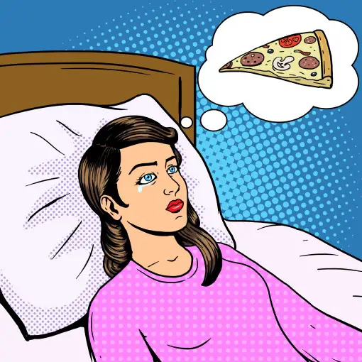 cartoon of lady in bed too hungry to sleep