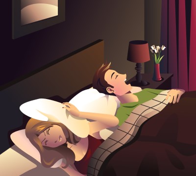 cartoon of angry husband awake because of wife's snoring