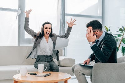 CBT counseling is not about rattling your cage photo of female patient getting upset during CBT counseling