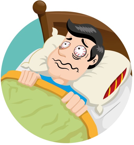 cartoon drawing of man awake in bed because he drank too much coffee and can't sleep