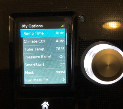 photo of cpap machine screen showing settings that can be changed to help with CPAP panic attacks