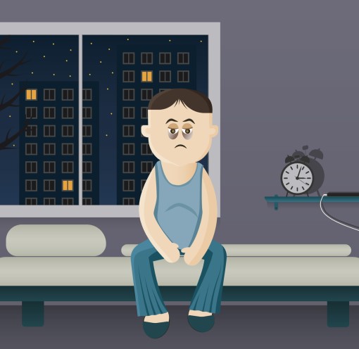 Feeling too lonely to sleep? There’s hope! cartoon drawing of man awake on bed because he’s too lonely to sleep