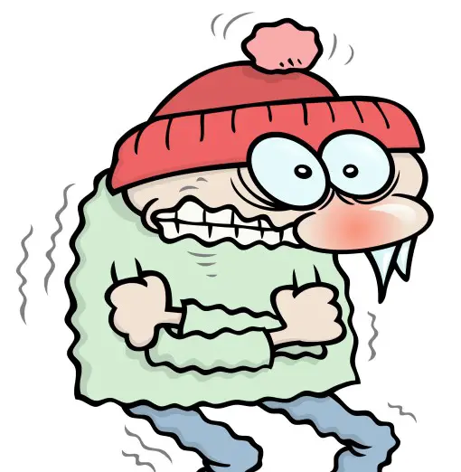 cartoon drawing of man shivering who is too cold to sleep