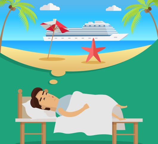 cartoon drawing of man thinking about vacation cruise and too excited to sleep