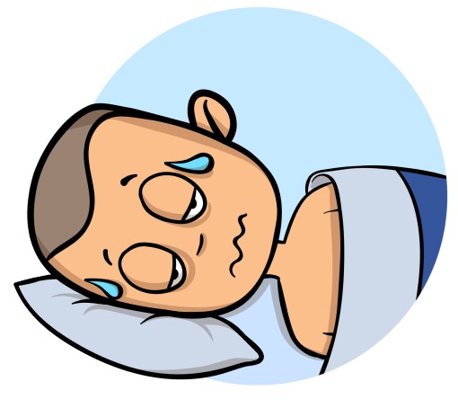 cartoon drawing of man frustrated because he’s too hot to sleep after exercise