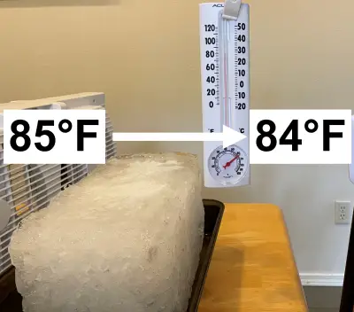 Block ice in front of a fan gave wimpy results photo of block ice in front of a fan with a thermometer