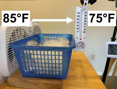 Cubed ice in front of a more powerful fan gave the best results photo of cubed ice in a basket in front of a fan with a thermometer