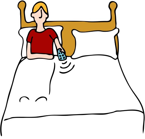 cartoon drawing of man in bed watching TV because he feels sleep is a waste of time