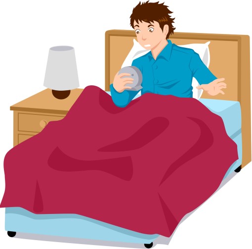 cartoon drawing of man waking up late for work and looking at alarm clock