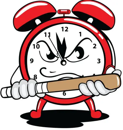 cartoon drawing of alarm clock with stick 