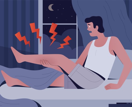 cartoon drawing of man who can't sleep because of sore muscles