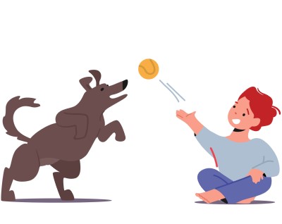 Hanging out with a pet can be fun and relaxing cartoon drawing of male playing ball with dog