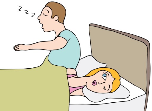 cartoon showing stressed out wife worried husband’s sleepwalking is a sign of something
