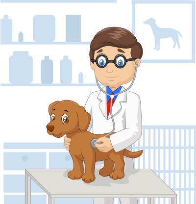  cartoon of dog getting health check by vet