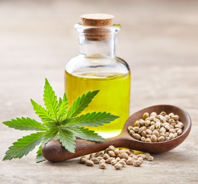 photo of hemp plant and CBD oil extract 