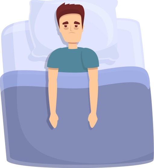 male bored and awake in bed with insomnia cartoon drawing show bored man wide awake in bed at night