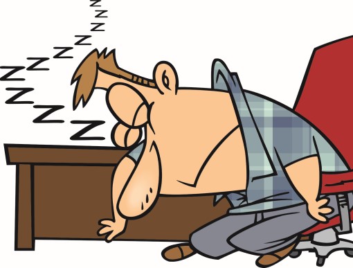 cartoon of exhausted man at work desk showing how sleep apnea is bad