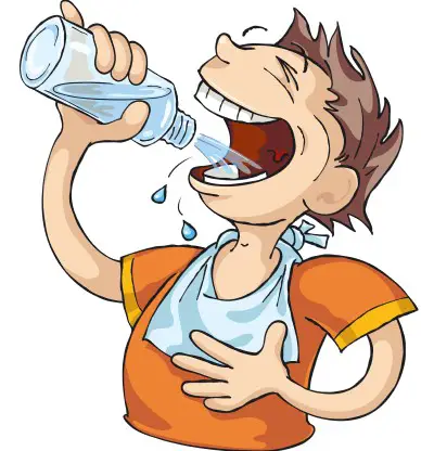 Hydrating too much at night can keep you up cartoon showing man chugging water
