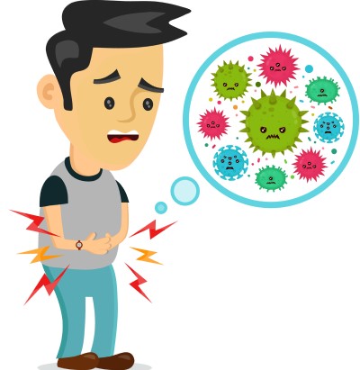 We’re learning a lot about how gut bacteria is connected to health cartoon drawing showing an imbalance of bacteria and an upset digestive tract