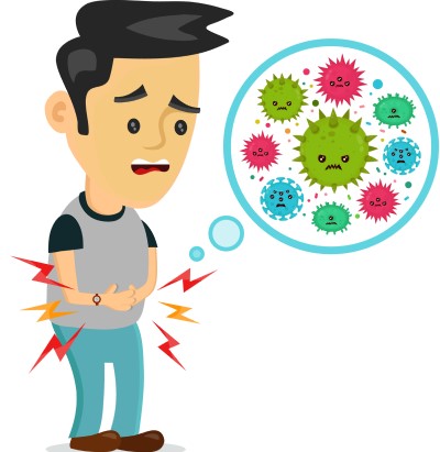 cartoon drawing showing an imbalance of bacteria and an upset digestive tract