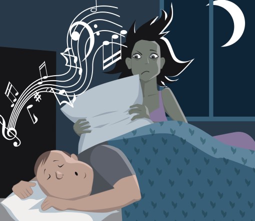 The stakes are higher if you have arthritis and snore ccartoon of women awake who suspects arthritis is causing husband to snoring