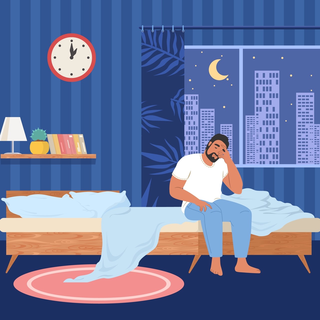 cartoon showing male with IBS awake in bed because he’s too depressed to sleep