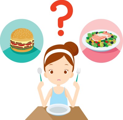 Eating the right foods can help with IBS pain at night cartoon showing woman deciding what to eat to avoid IBS pain at night