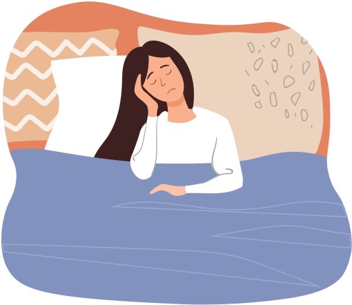 cartoon of miserable female awake in bed because her IBS is worse at night 