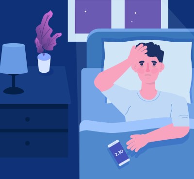 cartoon of miserable man awake in bed because his IBS is worse at night 