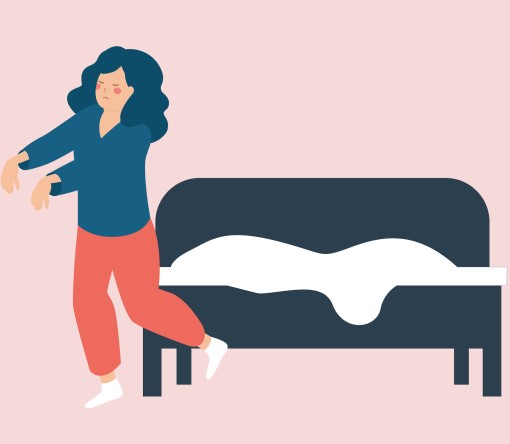 cartoon showing woman with IBS getting out of bed and sleepwalking