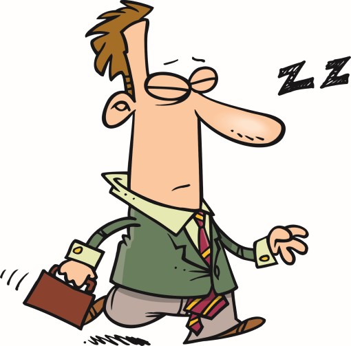 Have IBS and find yourself doing strange things while sleepwalking? cartoon showing man with IBS getting out of bed and sleepwalking to work