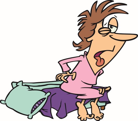 Neglecting your sleep can worsen pain cartoon showing sleep-deprived lady who’s pain is worse in the morning