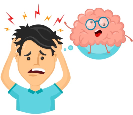 Fighting stress effects on the body is one of the ways sleep can help pain go away cartoon showing stressed man and effects on brain
