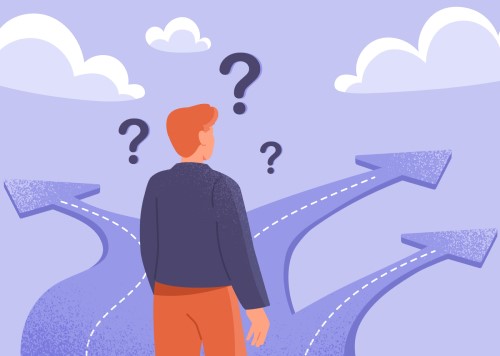 Better decision making can lead to better outcomes #3 cartoon showing person standing at crosswords deciding which way to go
