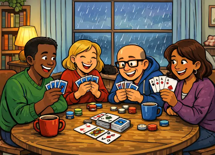 cartoon showing adults playing cards on a rainy day
